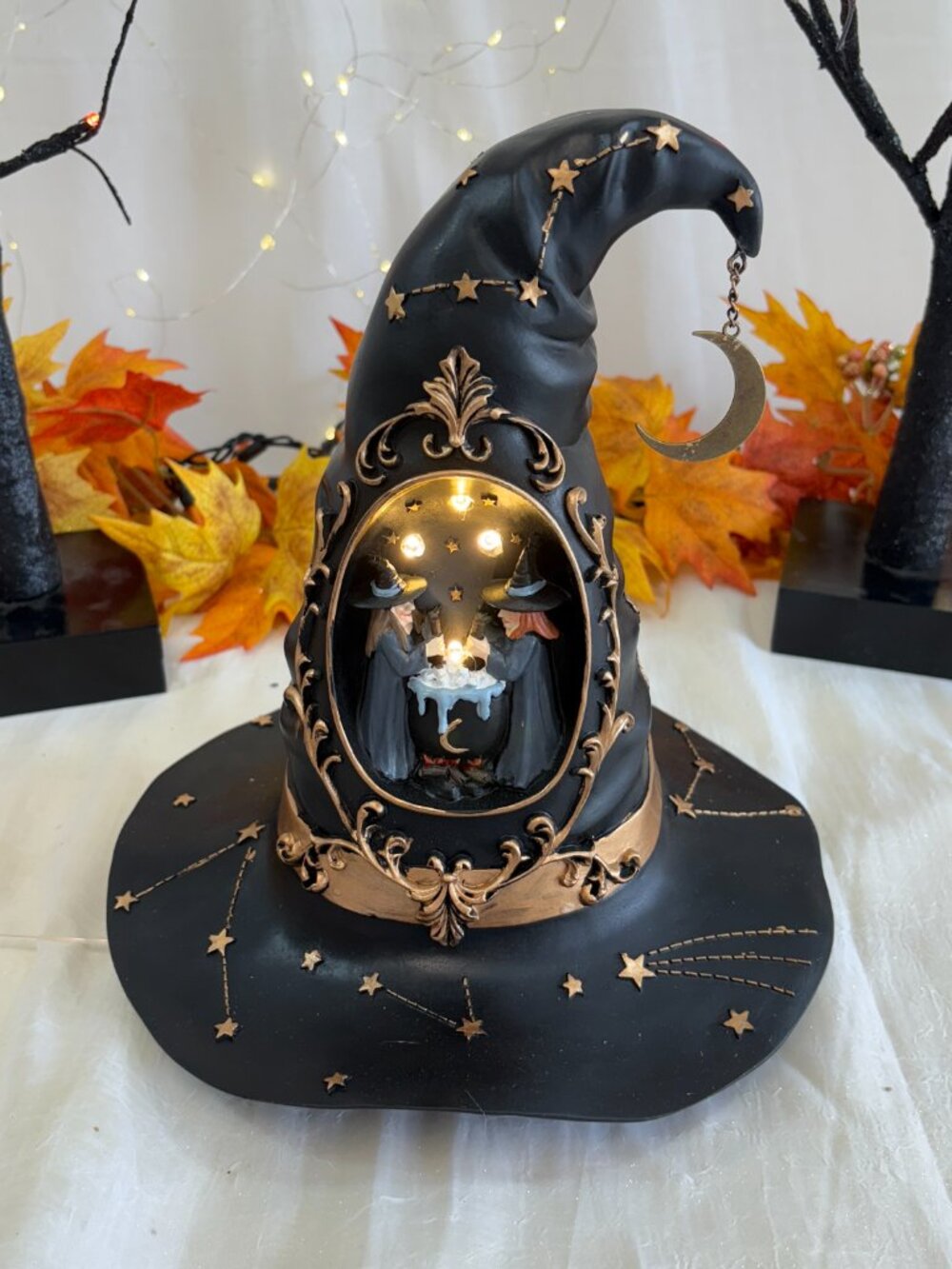 Halloween Witches Brew Led Light Up Resin Sculpted Witch Hat Table Top Decor New